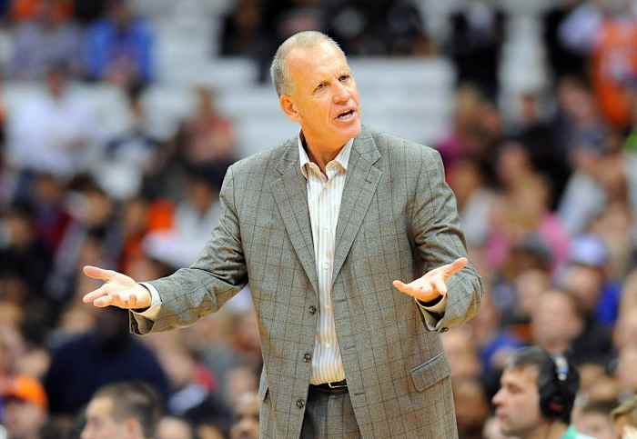 Philadelphia 76ers head coach Doug Collins reacts to a call during the third quarter against the New York Knicks at the Carrier Dome.